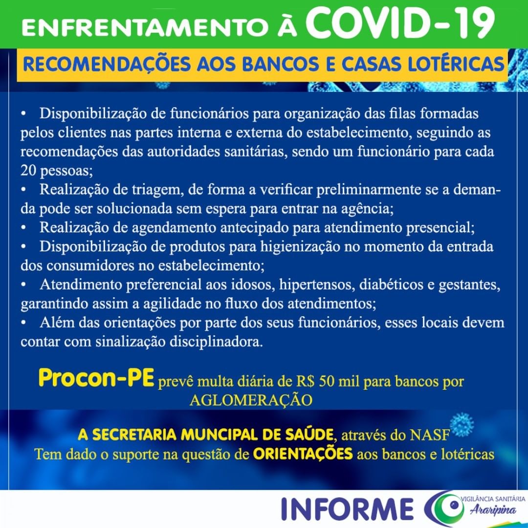 PREFEITURA DE ARARIPINA FAZ RECOMENDAÇÕES AOS BANCOS E CASAS LOTÉRICAS